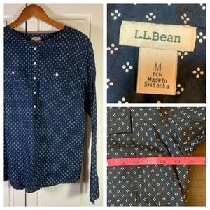 LL Bean Shirt Women Medium Polka Dots Cotton Blue White 1/4 Button Henley Church